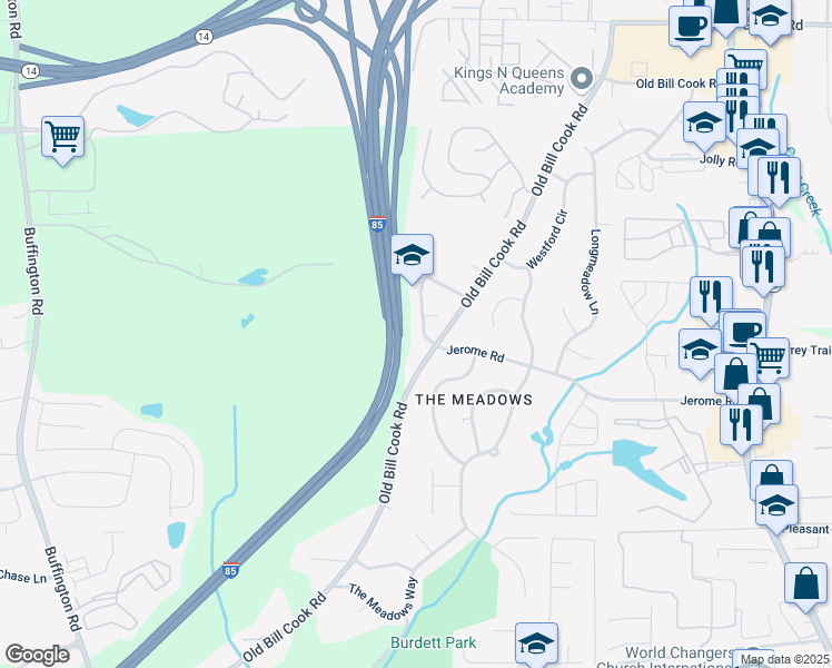 map of restaurants, bars, coffee shops, grocery stores, and more near 5527 Jerome Road in College Park