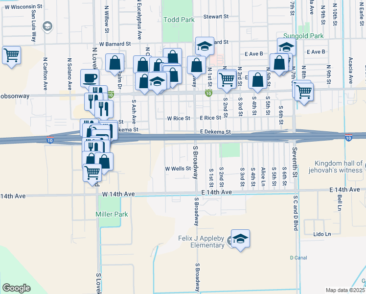 map of restaurants, bars, coffee shops, grocery stores, and more near 316 South Spring Street in Blythe