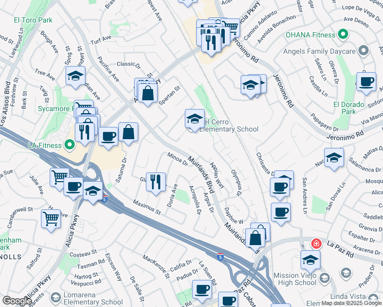 map of restaurants, bars, coffee shops, grocery stores, and more near 25742 Appian Way in Mission Viejo