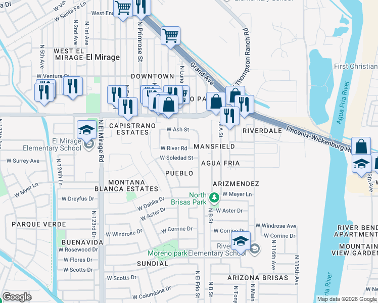 map of restaurants, bars, coffee shops, grocery stores, and more near 11914 West Soledad Street in El Mirage