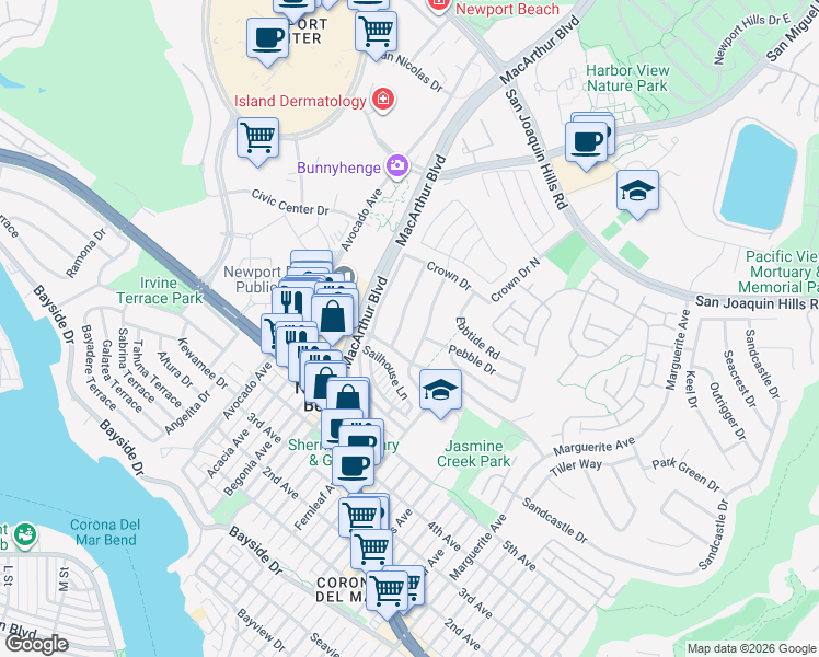 map of restaurants, bars, coffee shops, grocery stores, and more near 2701 Pebble Drive in Newport Beach