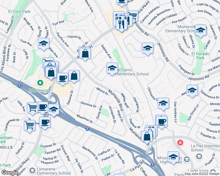 map of restaurants, bars, coffee shops, grocery stores, and more near 25742 Appian Way in Mission Viejo