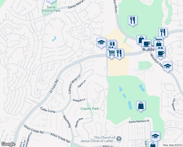 map of restaurants, bars, coffee shops, grocery stores, and more near 1 Egret Lane in Aliso Viejo