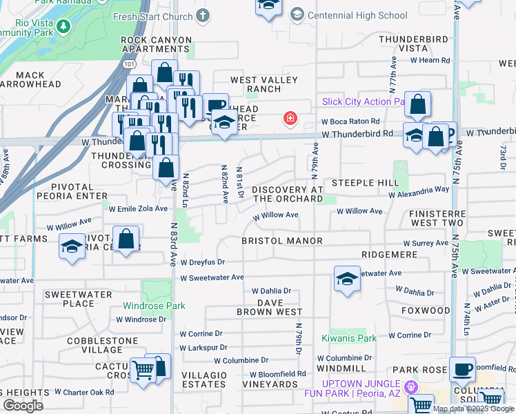 map of restaurants, bars, coffee shops, grocery stores, and more near 8111 West Wacker Road in Peoria