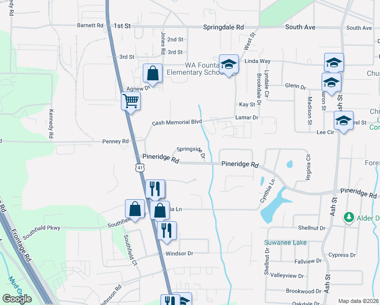 map of restaurants, bars, coffee shops, grocery stores, and more near 412 Pineridge Road in Forest Park