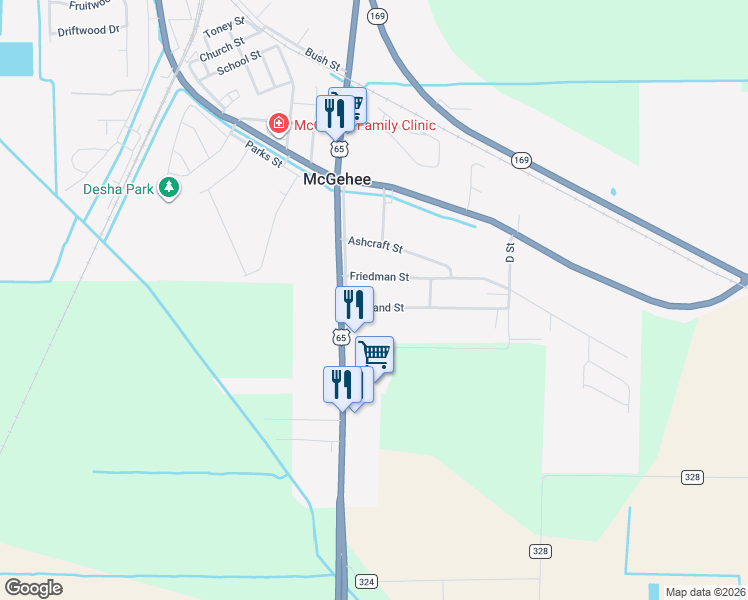 map of restaurants, bars, coffee shops, grocery stores, and more near 110 Oakland Street in McGehee