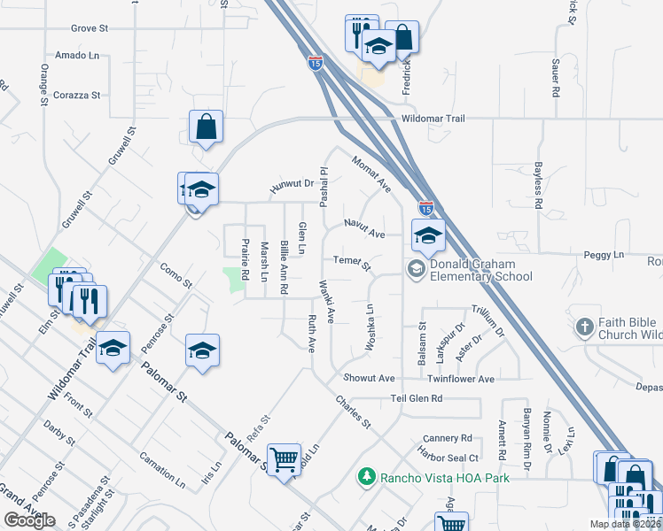 map of restaurants, bars, coffee shops, grocery stores, and more near 22805 Temet Street in Wildomar