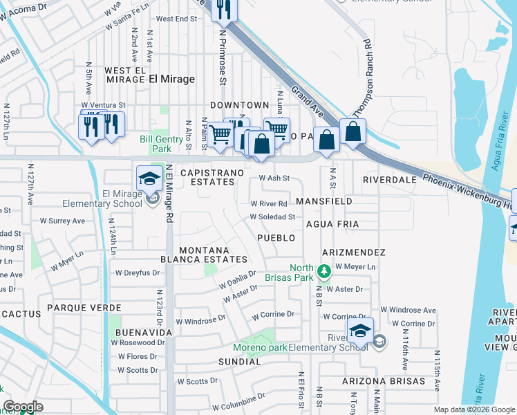 map of restaurants, bars, coffee shops, grocery stores, and more near 12006 West Soledad Street in El Mirage