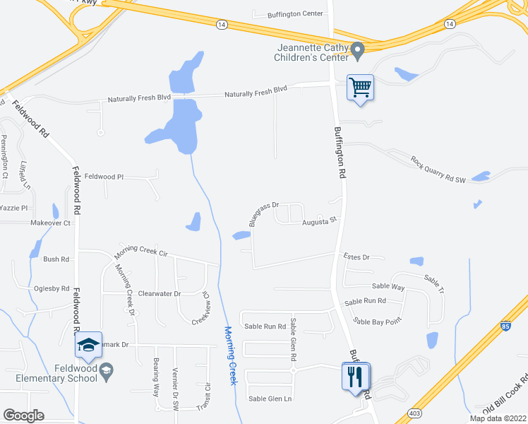 map of restaurants, bars, coffee shops, grocery stores, and more near 5491 Bluegrass Drive in Atlanta