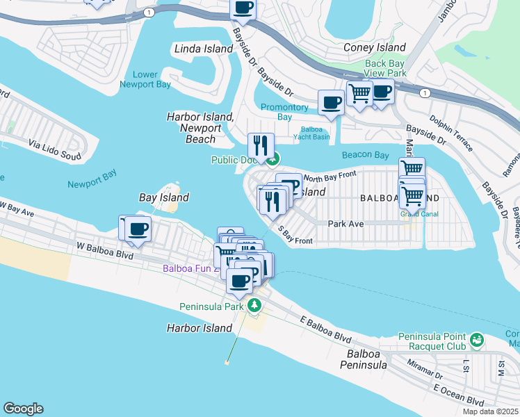 map of restaurants, bars, coffee shops, grocery stores, and more near 302 South Bay Front in Newport Beach