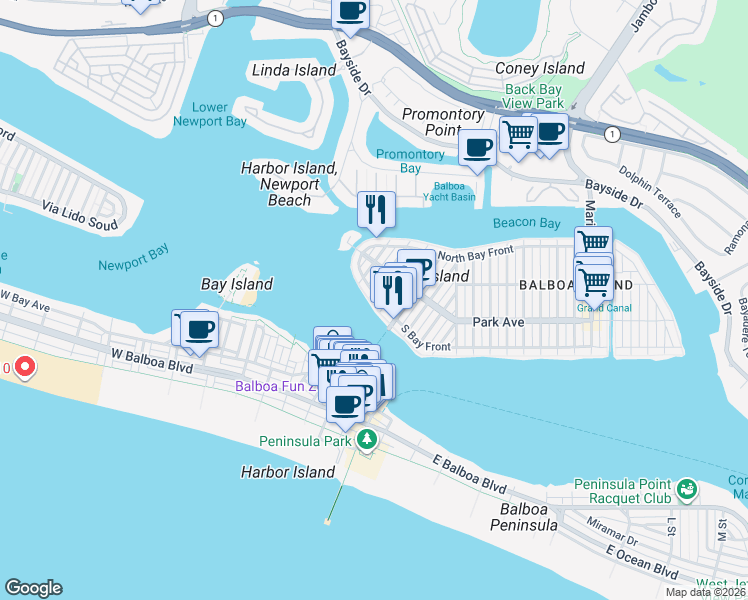 map of restaurants, bars, coffee shops, grocery stores, and more near 302 South Bay Front in Newport Beach