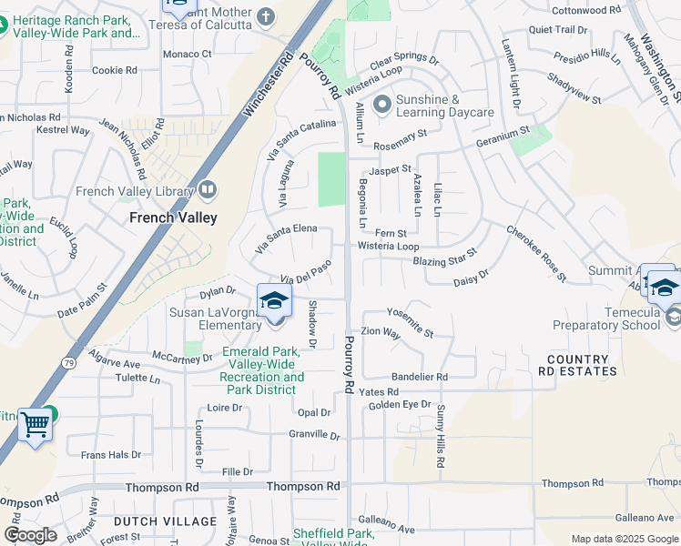 map of restaurants, bars, coffee shops, grocery stores, and more near 35452 Corte Los Robles in Winchester