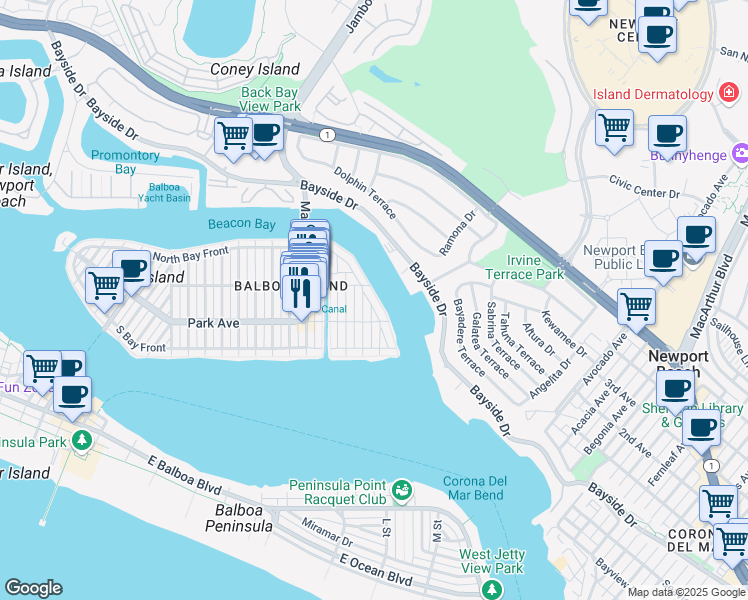 map of restaurants, bars, coffee shops, grocery stores, and more near 225 East Bay Front in Newport Beach