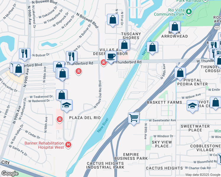 map of restaurants, bars, coffee shops, grocery stores, and more near 13373 North Plaza Del Rio Boulevard in Peoria