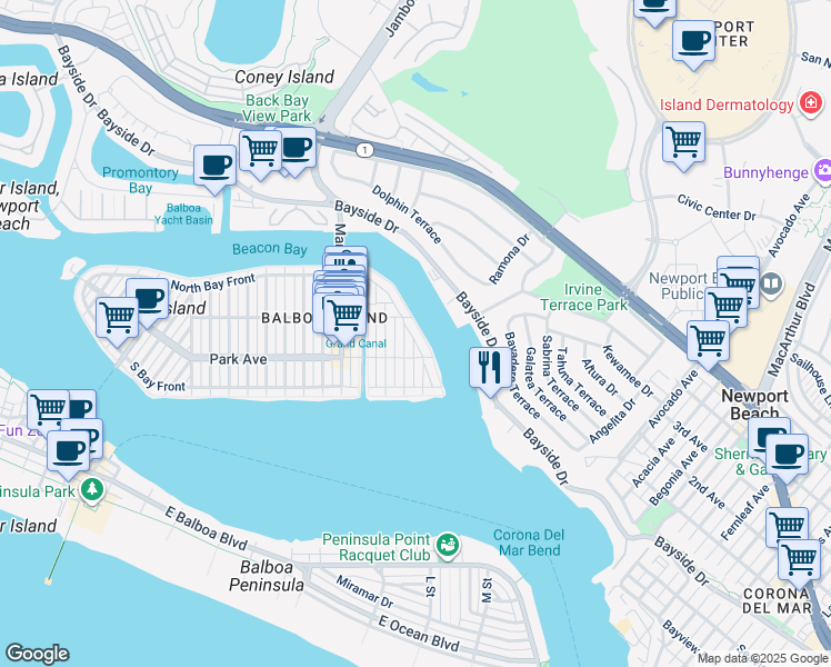 map of restaurants, bars, coffee shops, grocery stores, and more near 225 East Bay Front in Newport Beach