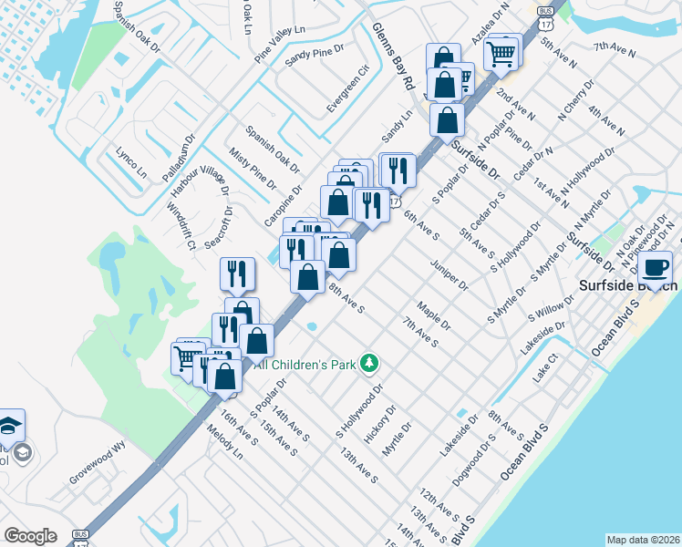 map of restaurants, bars, coffee shops, grocery stores, and more near 799 U.S. 17 Business in Surfside Beach
