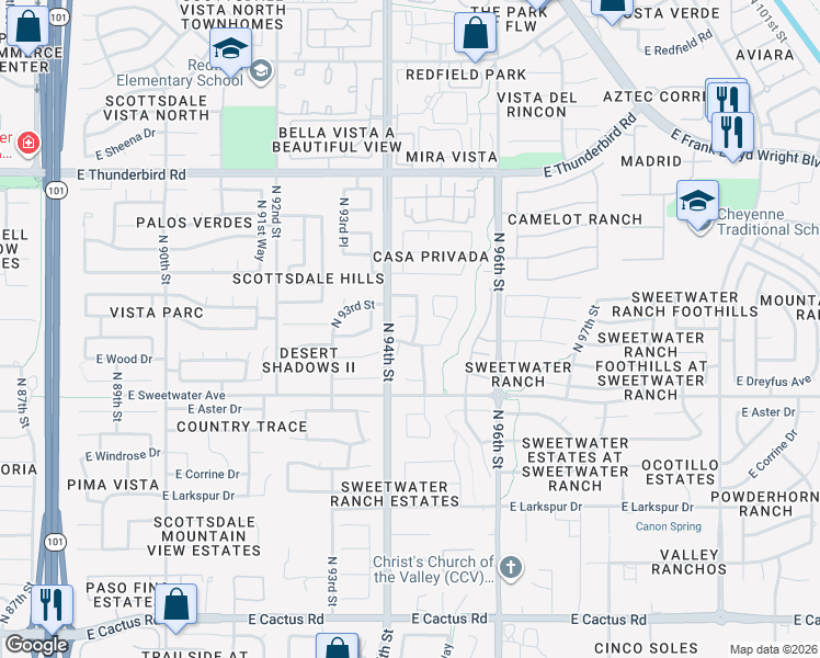 map of restaurants, bars, coffee shops, grocery stores, and more near 13204 North 94th Way in Scottsdale