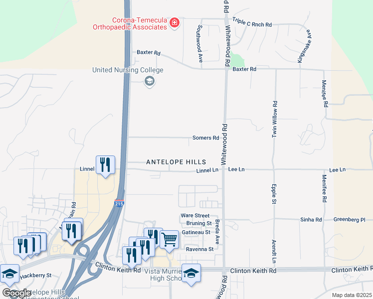 map of restaurants, bars, coffee shops, grocery stores, and more near 28325 Somers Road in Murrieta