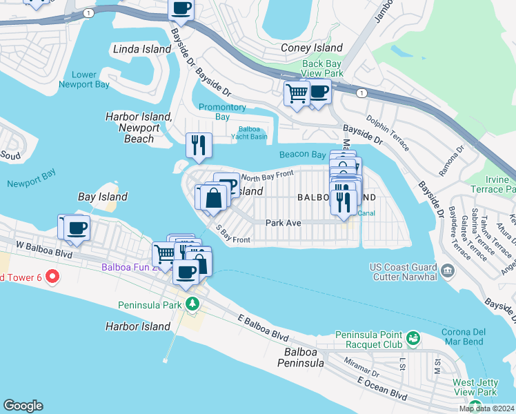 map of restaurants, bars, coffee shops, grocery stores, and more near 216 Collins Avenue in Newport Beach