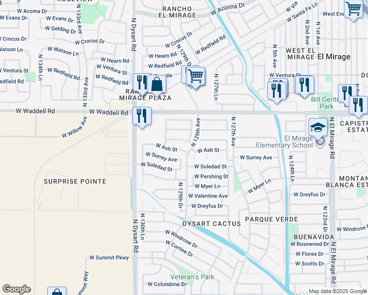 map of restaurants, bars, coffee shops, grocery stores, and more near 12909 West Ash Street in El Mirage