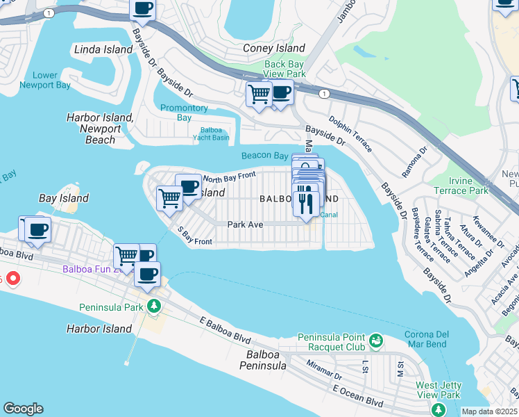 map of restaurants, bars, coffee shops, grocery stores, and more near 204 Coral Avenue in Newport Beach