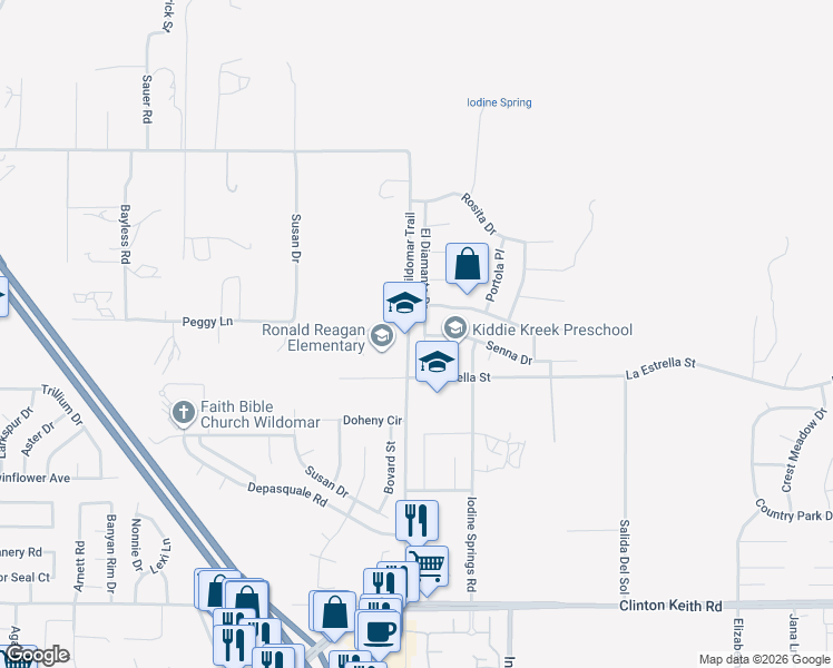 map of restaurants, bars, coffee shops, grocery stores, and more near 35419 El Diamante Drive in Wildomar