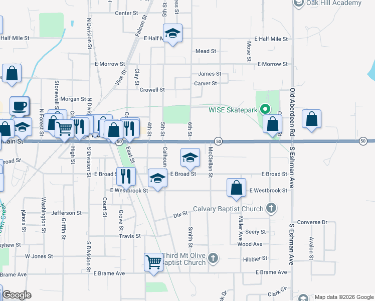 map of restaurants, bars, coffee shops, grocery stores, and more near 204 Calhoun Street in West Point