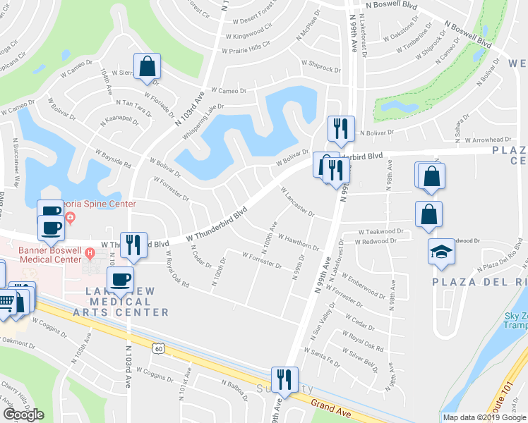 map of restaurants, bars, coffee shops, grocery stores, and more near 10013 West Thunderbird Boulevard in Sun City