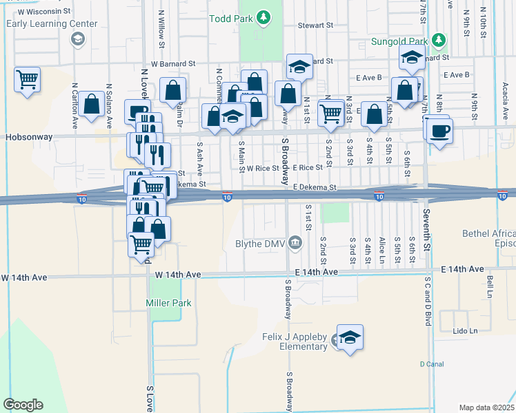 map of restaurants, bars, coffee shops, grocery stores, and more near 301 South Spring Street in Blythe