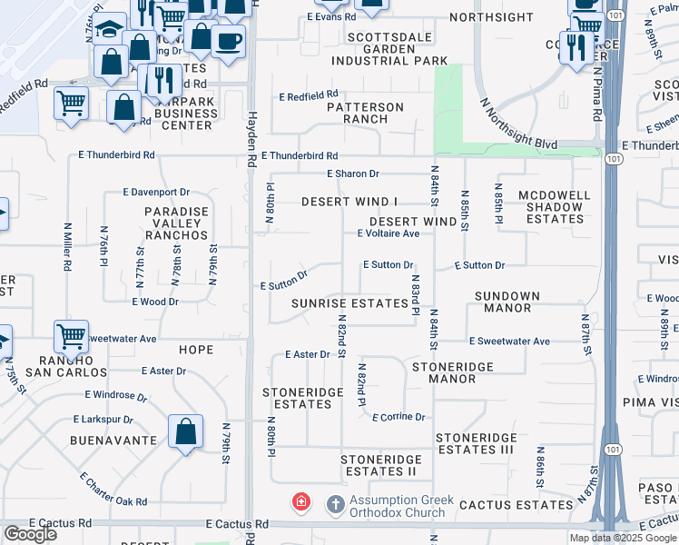 map of restaurants, bars, coffee shops, grocery stores, and more near 8126 East Wood Drive in Scottsdale
