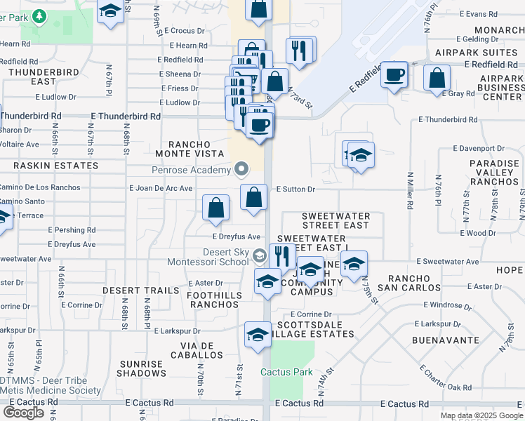 map of restaurants, bars, coffee shops, grocery stores, and more near 13210 North 72nd Place in Scottsdale