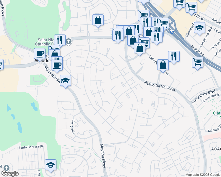 map of restaurants, bars, coffee shops, grocery stores, and more near 395 Avenida Castilla in Laguna Woods