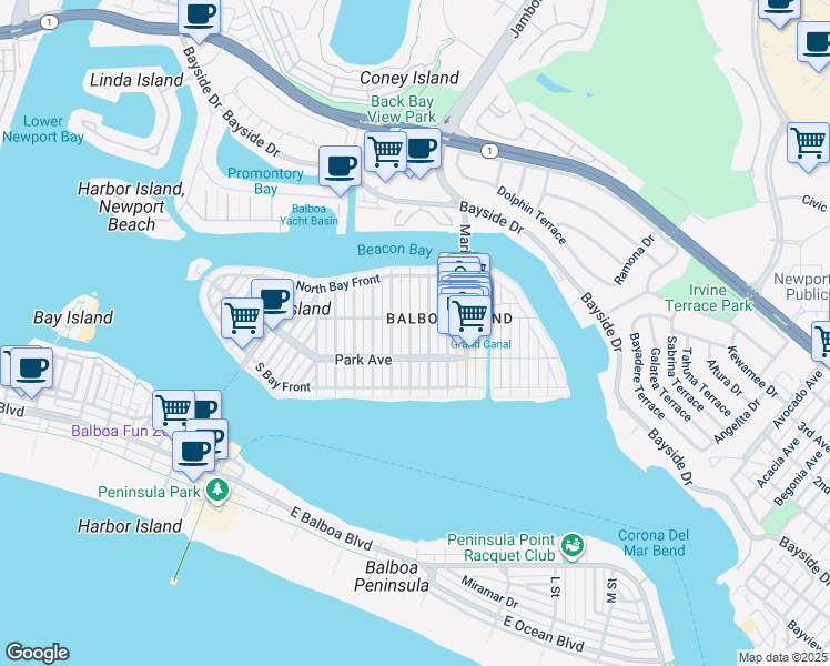 map of restaurants, bars, coffee shops, grocery stores, and more near 204 Coral Avenue in Newport Beach