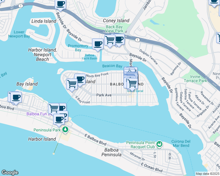map of restaurants, bars, coffee shops, grocery stores, and more near 204 Coral Avenue in Newport Beach