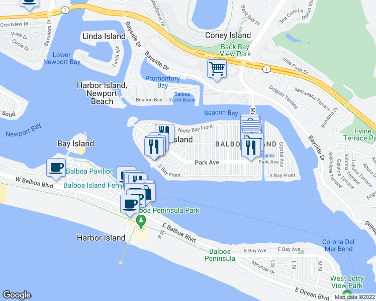 map of restaurants, bars, coffee shops, grocery stores, and more near 204 Collins Avenue in Newport Beach