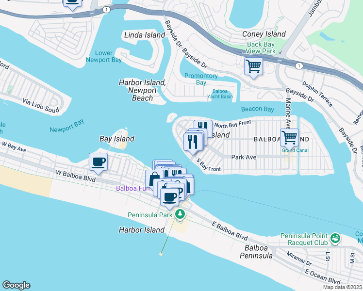 map of restaurants, bars, coffee shops, grocery stores, and more near 210 South Bay Front in Newport Beach
