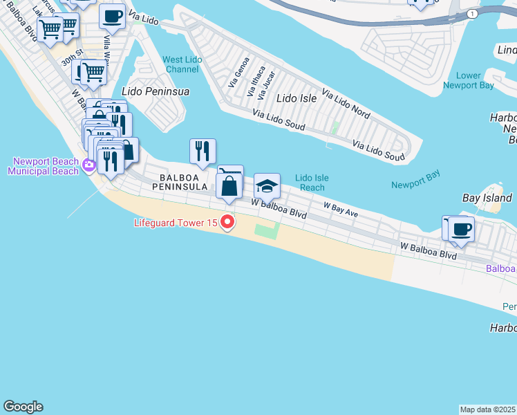 map of restaurants, bars, coffee shops, grocery stores, and more near 1404 West Oceanfront in Newport Beach