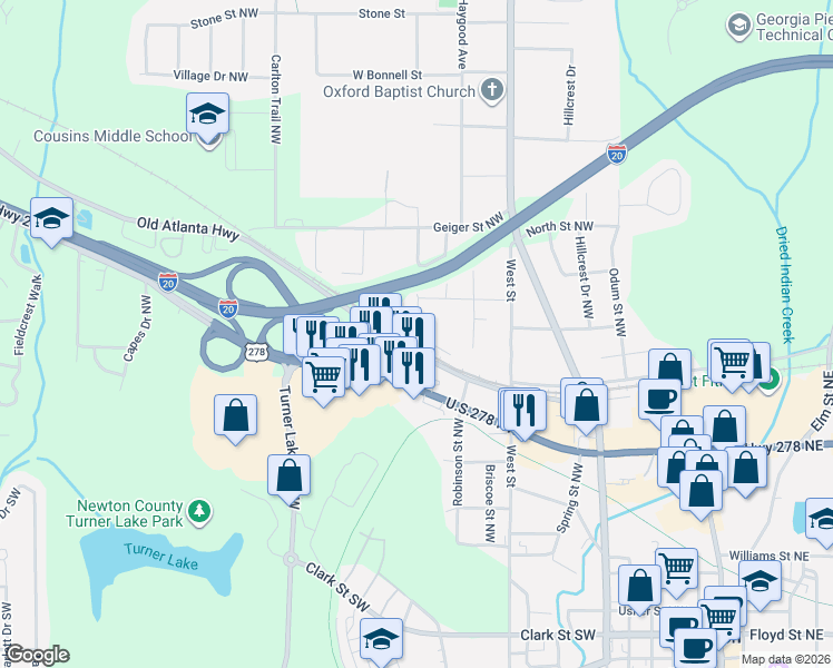 map of restaurants, bars, coffee shops, grocery stores, and more near 5160 Herring Street West in Covington