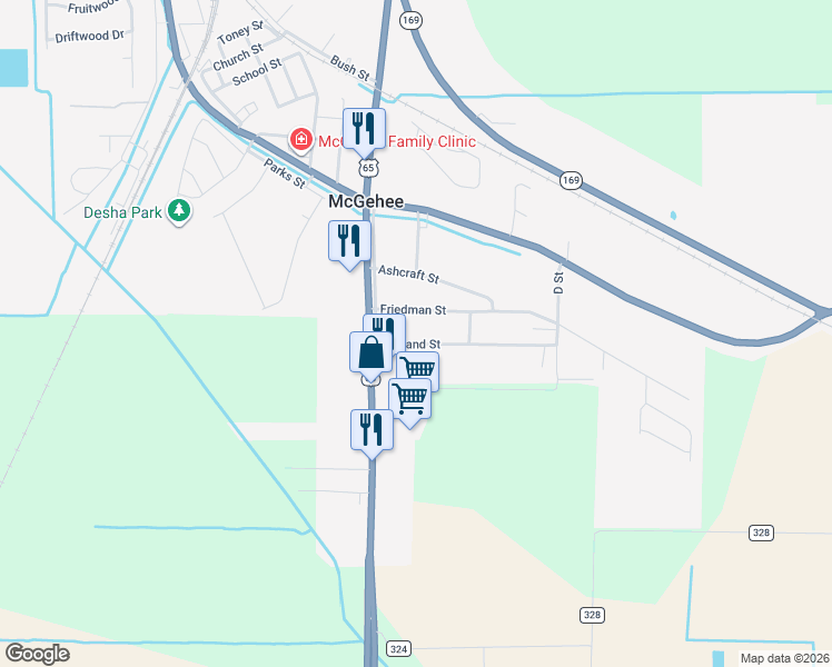 map of restaurants, bars, coffee shops, grocery stores, and more near 110 Oakland Street in McGehee