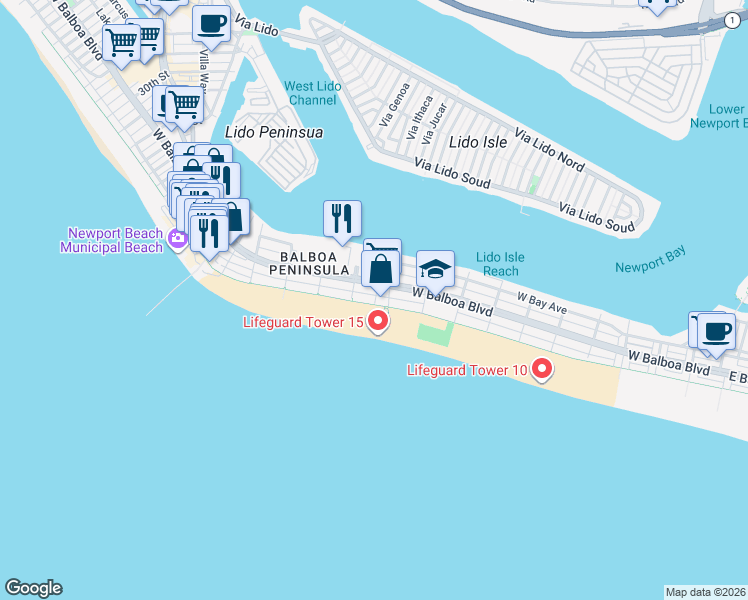 map of restaurants, bars, coffee shops, grocery stores, and more near 1504 West Oceanfront in Newport Beach