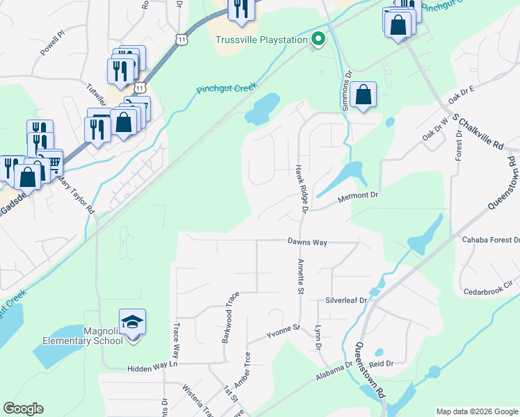 map of restaurants, bars, coffee shops, grocery stores, and more near 6225 Kestral View Road in Trussville