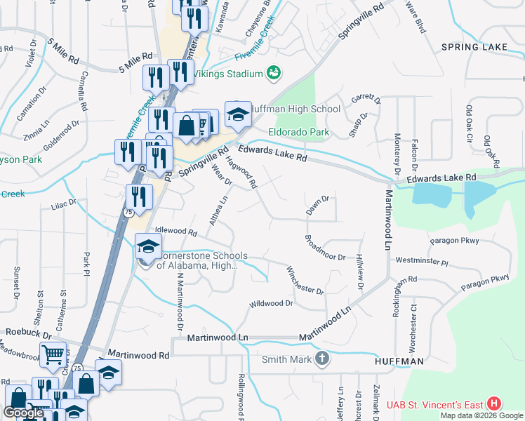 map of restaurants, bars, coffee shops, grocery stores, and more near 921 Hagwood Road in Birmingham