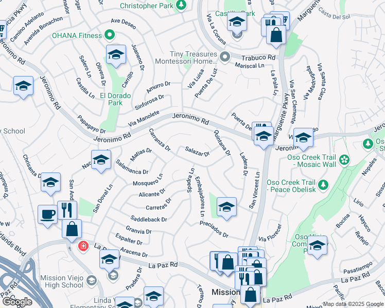 map of restaurants, bars, coffee shops, grocery stores, and more near 26862 Salazar Drive in Mission Viejo