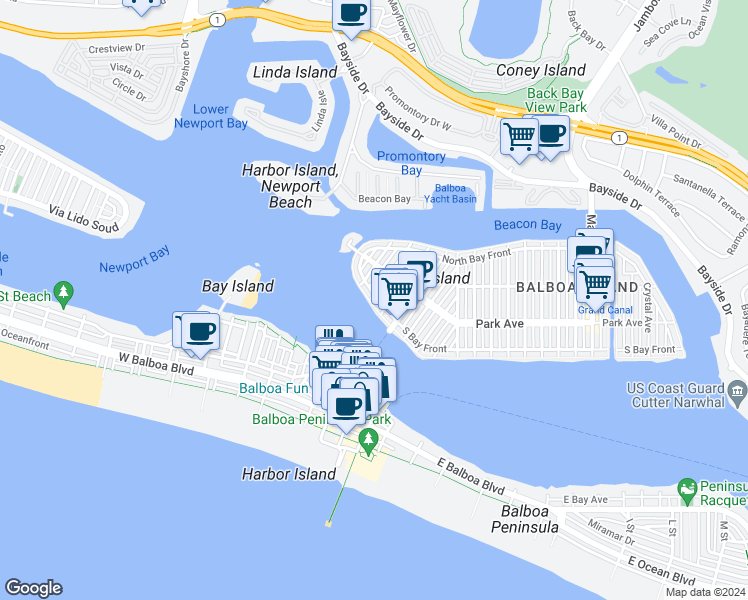 map of restaurants, bars, coffee shops, grocery stores, and more near 2 South Bay Front in Newport Beach