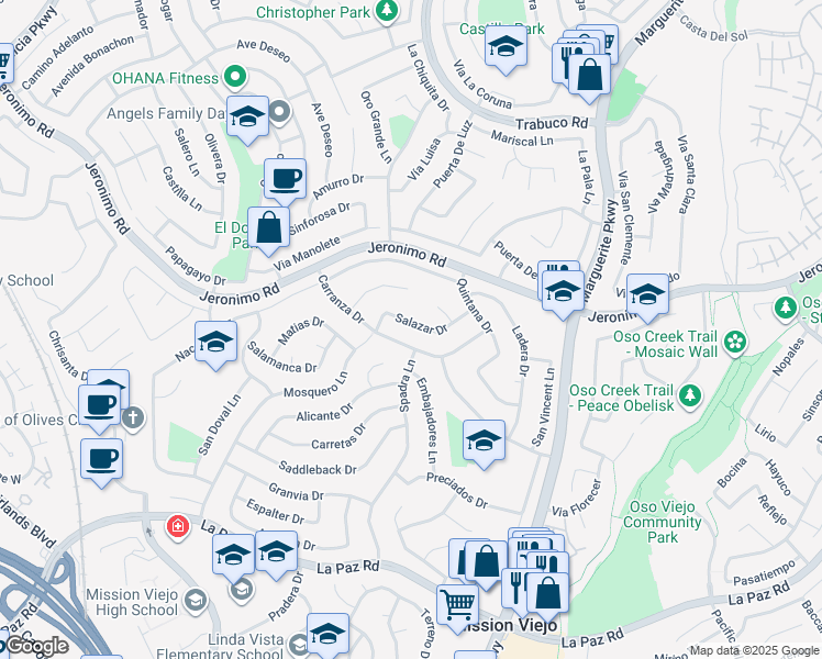 map of restaurants, bars, coffee shops, grocery stores, and more near 26862 Salazar Drive in Mission Viejo