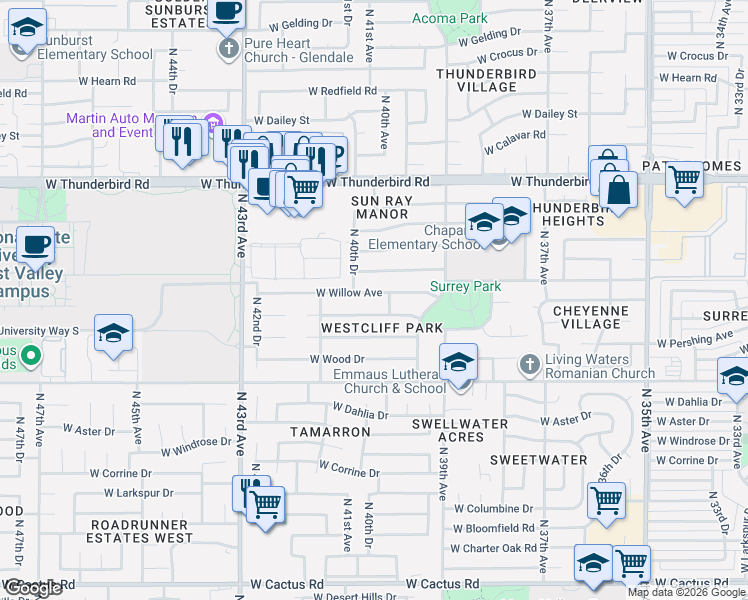 map of restaurants, bars, coffee shops, grocery stores, and more near 3944 West Pershing Avenue in Phoenix