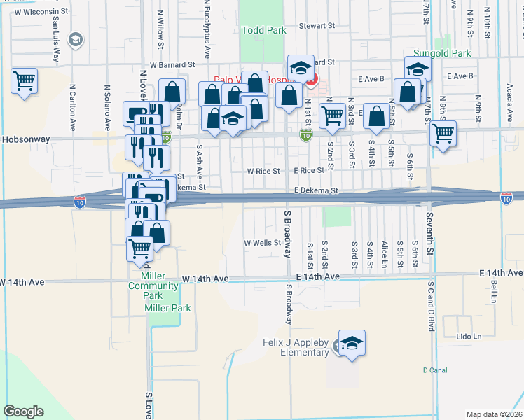 map of restaurants, bars, coffee shops, grocery stores, and more near 325 South Spring Street in Blythe