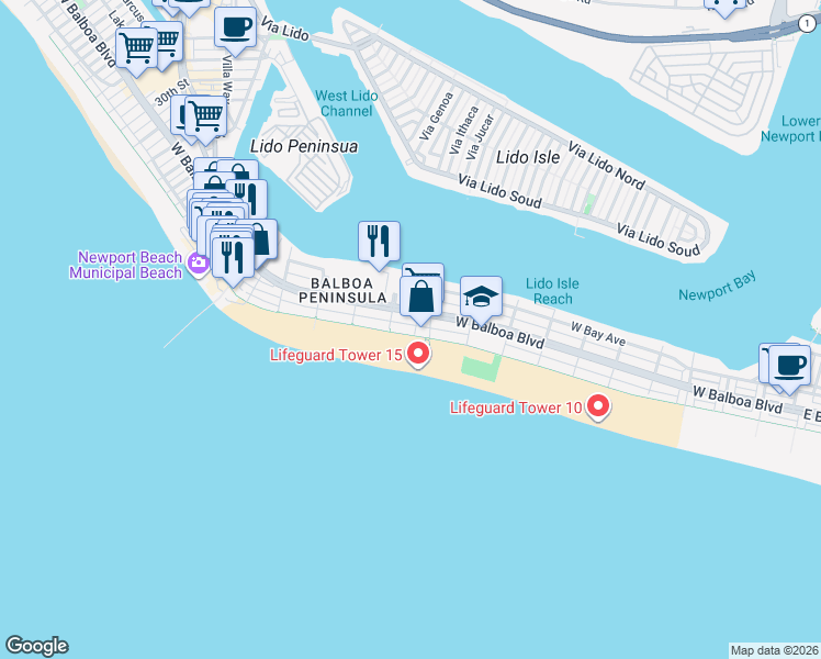 map of restaurants, bars, coffee shops, grocery stores, and more near 1510 West Oceanfront in Newport Beach