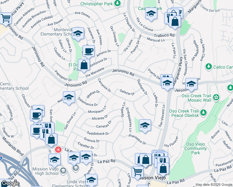 map of restaurants, bars, coffee shops, grocery stores, and more near 26791 Carranza Drive in Mission Viejo