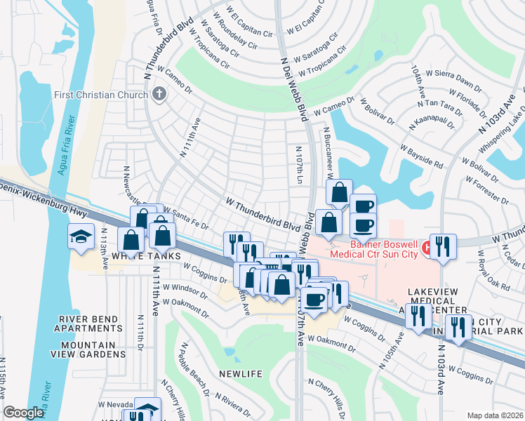 map of restaurants, bars, coffee shops, grocery stores, and more near 10808 West Thunderbird Boulevard in Sun City